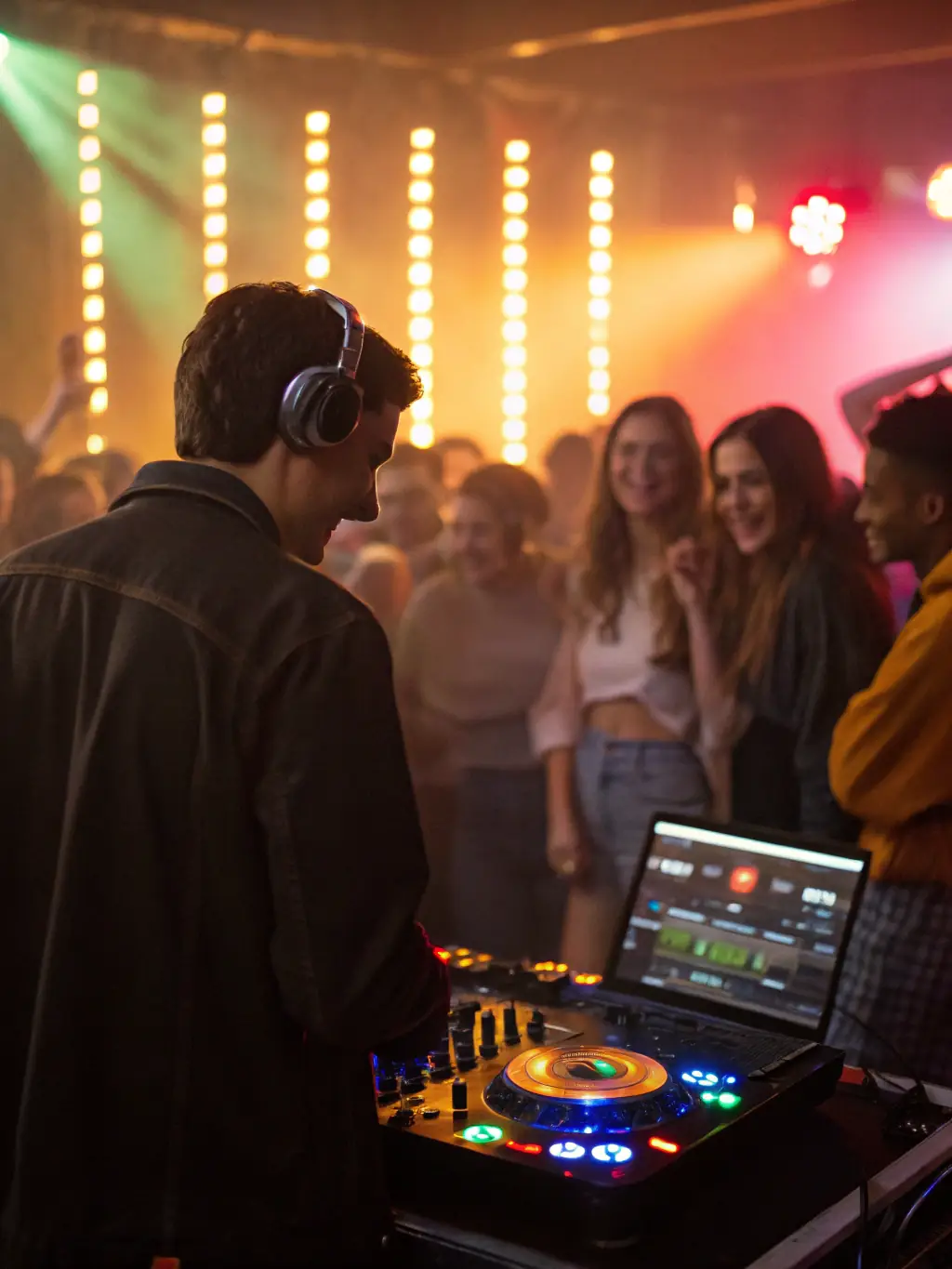 A dynamic image of a DJ performing at a lively electronic music event, with flashing lights and dancing crowd, promoting an upcoming electronic music festival.