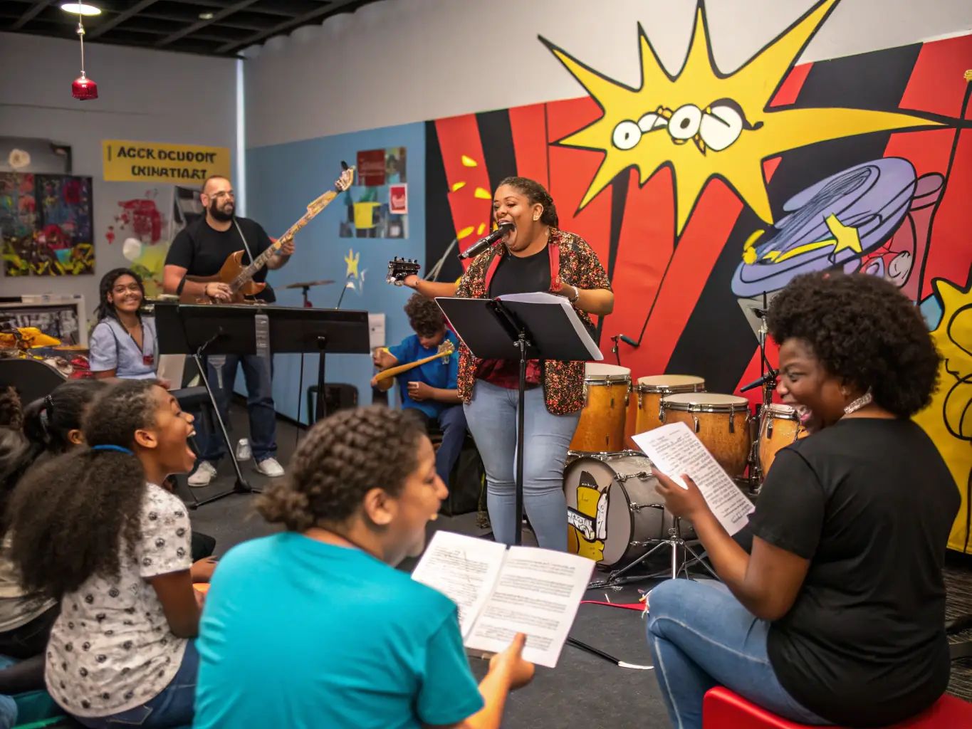 A dynamic image of a community workshop focused on music or sound engineering, highlighting the educational aspect of ASS FPC SON LUMIERE ENREGISTREMENT's activities.