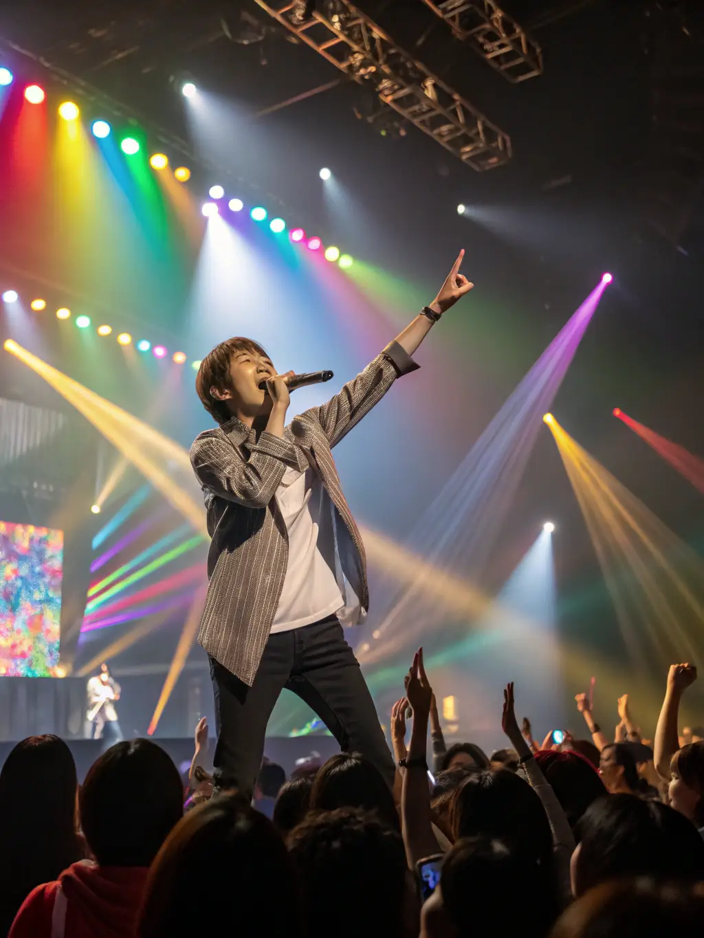 A vibrant image of a jazz band performing live on stage, bathed in colorful stage lights, with the audience visible in the background, alluding to an upcoming jazz concert.