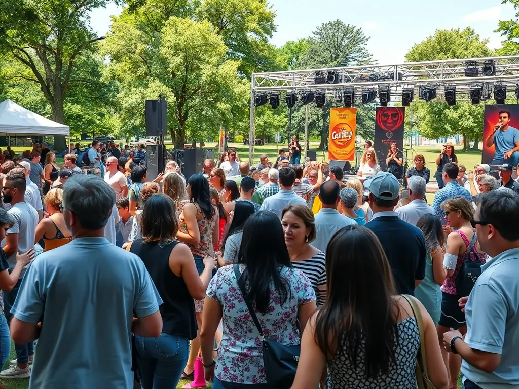 A captivating image of an outdoor cultural event, showcasing a diverse crowd enjoying artistic performances and community engagement activities.
