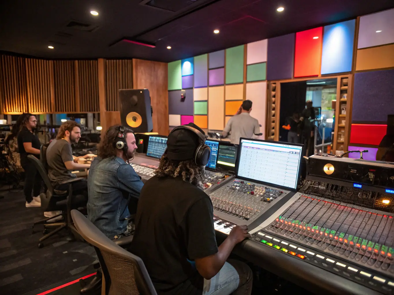 A photograph of a recording session in progress, featuring musicians collaborating in a professional studio environment managed by ASS FPC SON LUMIERE ENREGISTREMENT.
