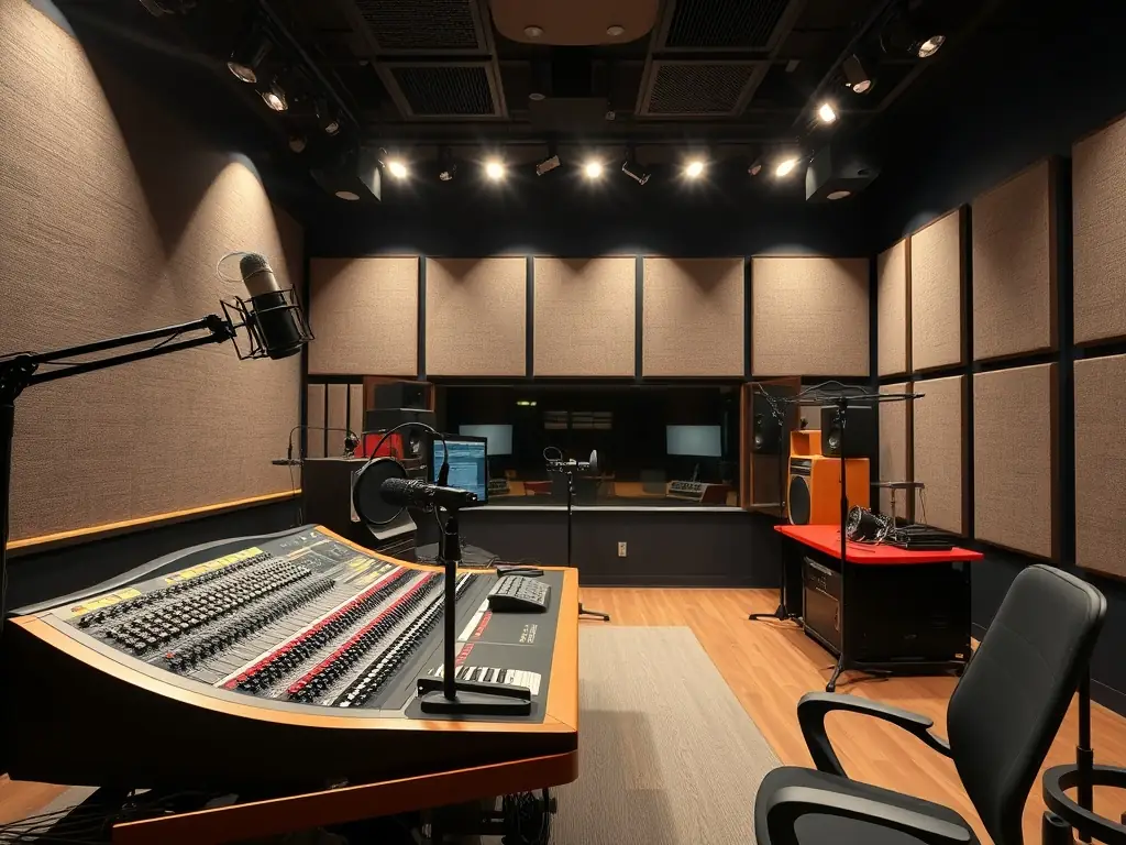 A high-quality image of a recording session in progress, featuring musicians collaborating in a professional studio environment with state-of-the-art equipment.