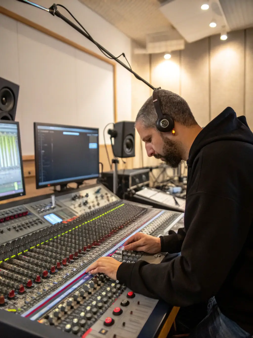 A photograph of a sound engineer working at a mixing console in a recording studio, with various instruments visible in the background, promoting an upcoming recording workshop.