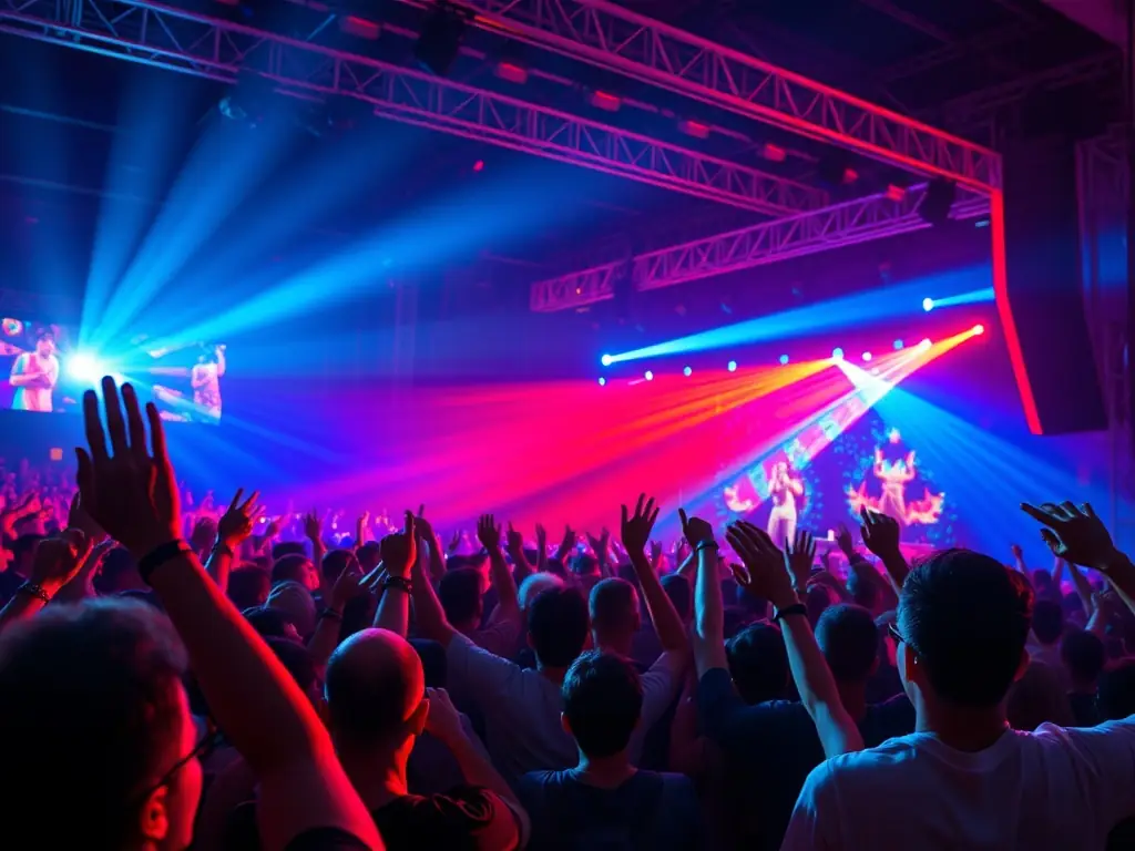 A vibrant image of a live concert, showcasing the energy and excitement of a performance produced by ASS FPC SON LUMIERE ENREGISTREMENT, with professional lighting and sound equipment.