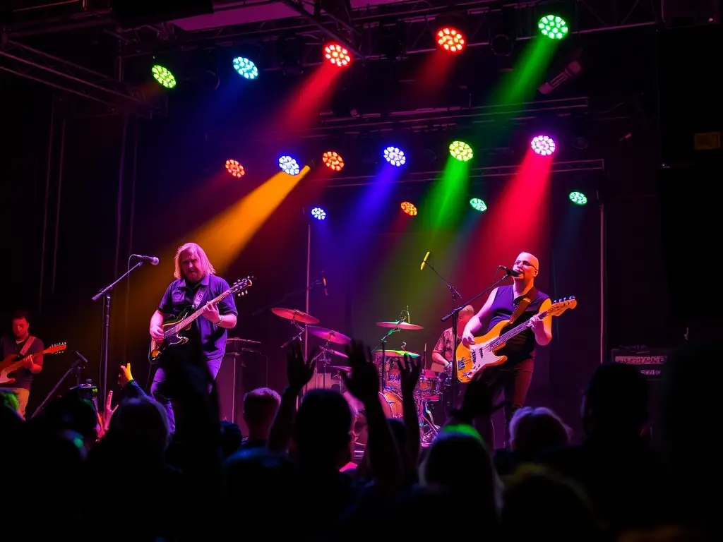A vibrant photograph capturing the energy of a live concert, showcasing a band performing on stage with dynamic lighting and an enthusiastic audience.